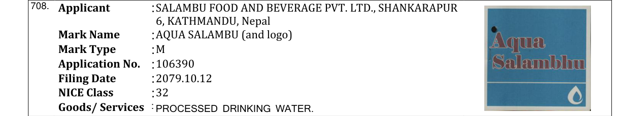Original bulletin entry for AQUA SALAMBU (and logo)