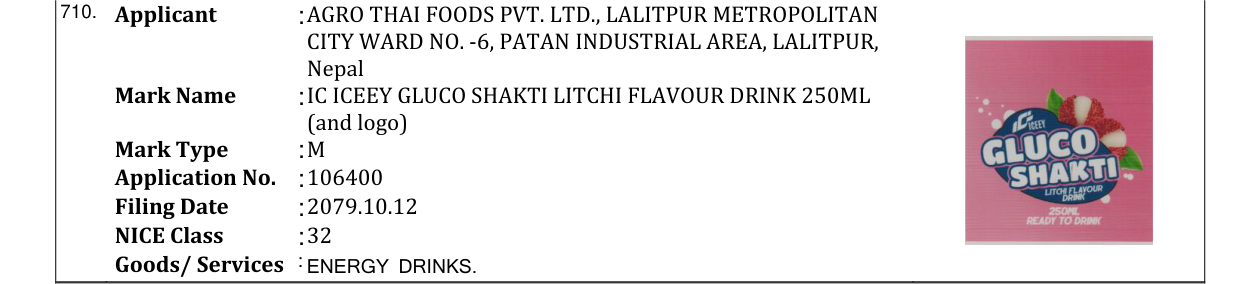 Original bulletin entry for IC ICEEY GLUCO SHAKTI LITCHI FLAVOUR DRINK 250ML (and logo)