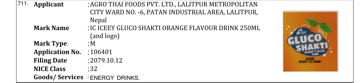 Original bulletin entry for IC ICEEY GLUCO SHAKTI ORANGE FLAVOUR DRINK 250ML (and logo)