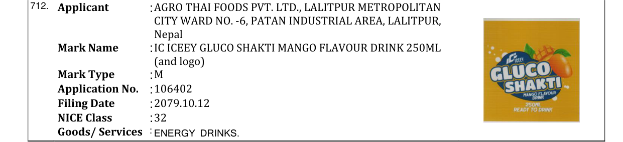 Original bulletin entry for IC ICEEY GLUCO SHAKTI MANGO FLAVOUR DRINK 250ML (and logo)