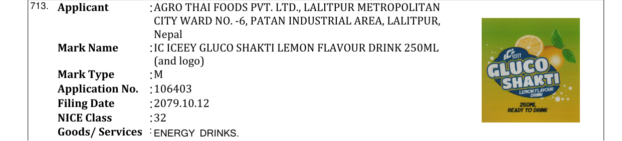 Original bulletin entry for IC ICEEY GLUCO SHAKTI LEMON FLAVOUR DRINK 250ML (and logo)
