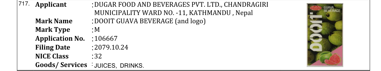 Original bulletin entry for DOOIT GUAVA BEVERAGE (and logo)