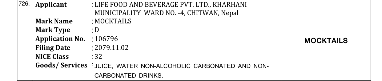 Original bulletin entry for MOCKTAILS