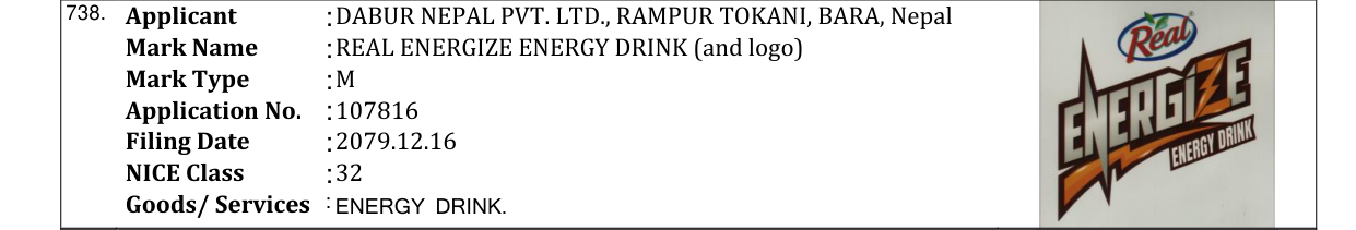 Original bulletin entry for REAL ENERGIZE ENERGY DRINK (and logo)