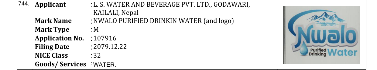 Original bulletin entry for NWALO PURIFIED DRINKIN WATER (and logo)