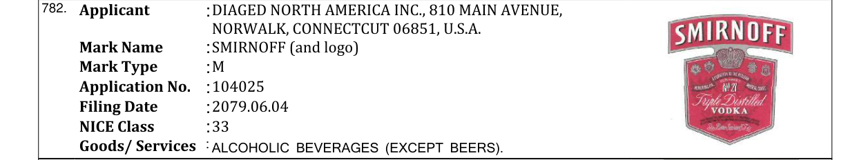 Original bulletin entry for SMIRNOFF (and logo)