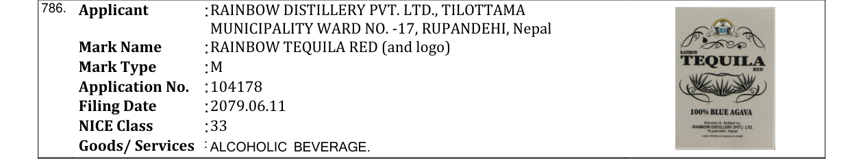 Original bulletin entry for RAINBOW TEQUILA RED (and logo)