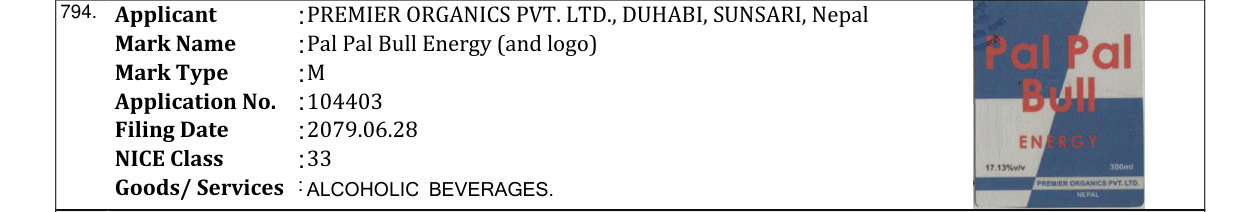 Original bulletin entry for Pal Pal Bull Energy (and logo)