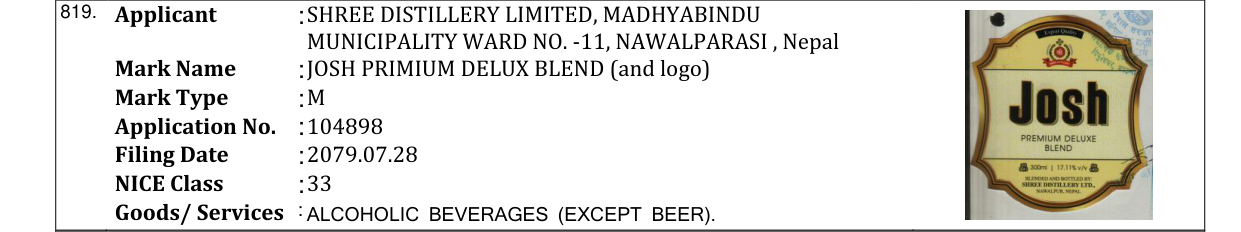 Original bulletin entry for JOSH PRIMIUM DELUX BLEND (and logo)