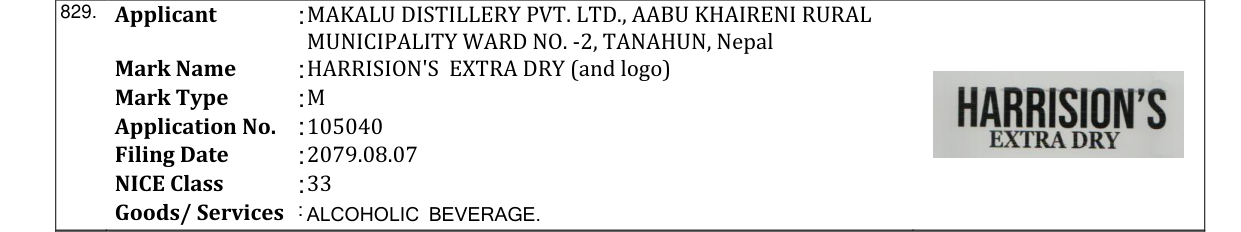 Original bulletin entry for HARRISION'S EXTRA DRY (and logo)