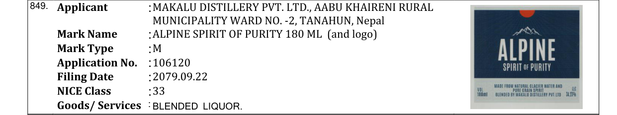 Original bulletin entry for ALPINE SPIRIT OF PURITY 180 ML (and logo)