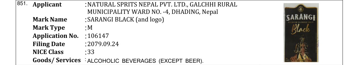 Original bulletin entry for SARANGI BLACK (and logo)