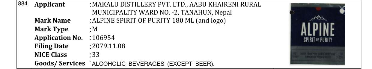 Original bulletin entry for ALPINE SPIRIT OF PURITY 180 ML (and logo)
