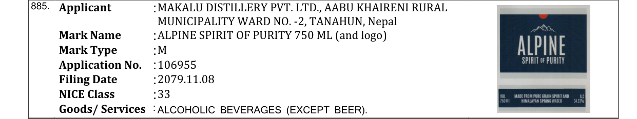 Original bulletin entry for ALPINE SPIRIT OF PURITY 750 ML (and logo)