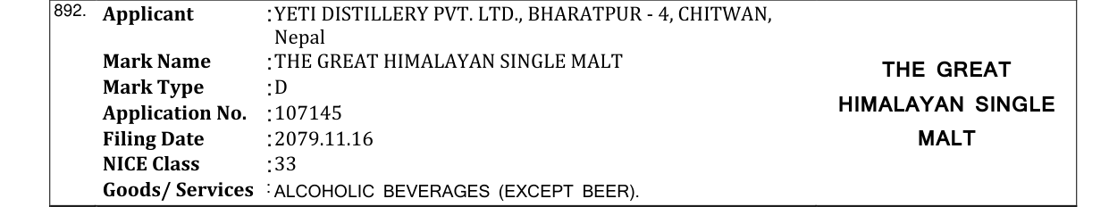 Original bulletin entry for THE GREAT HIMALAYAN SINGLE MALT THE GREAT
