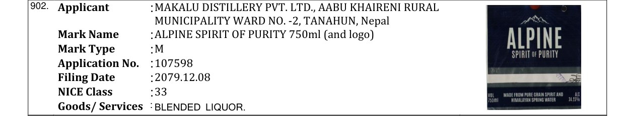 Original bulletin entry for ALPINE SPIRIT OF PURITY 750ml (and logo)