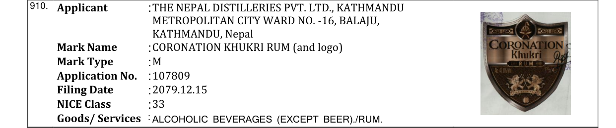 Original bulletin entry for CORONATION KHUKRI RUM (and logo)