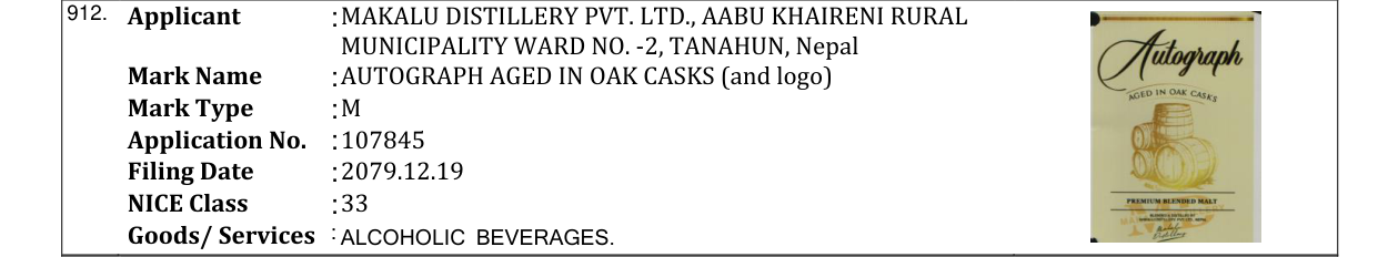Original bulletin entry for AUTOGRAPH AGED IN OAK CASKS (and logo)