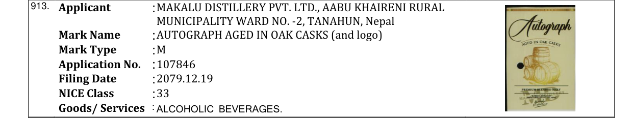 Original bulletin entry for AUTOGRAPH AGED IN OAK CASKS (and logo)