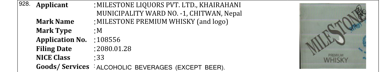 Original bulletin entry for MILESTONE PREMIUM WHISKY (and logo)