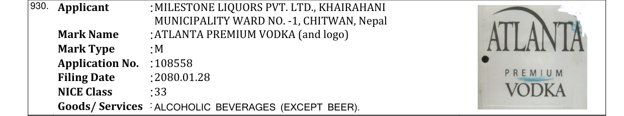 Original bulletin entry for ATLANTA PREMIUM VODKA (and logo)