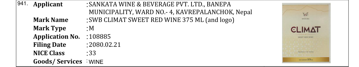 Original bulletin entry for SWB CLIMAT SWEET RED WINE 375 ML (and logo)
