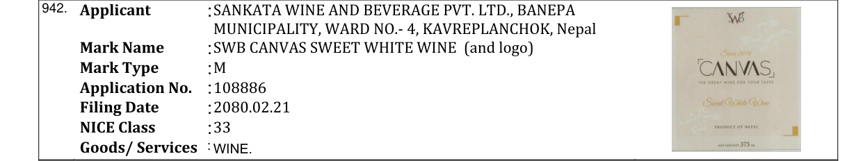 Original bulletin entry for SWB CANVAS SWEET WHITE WINE (and logo)