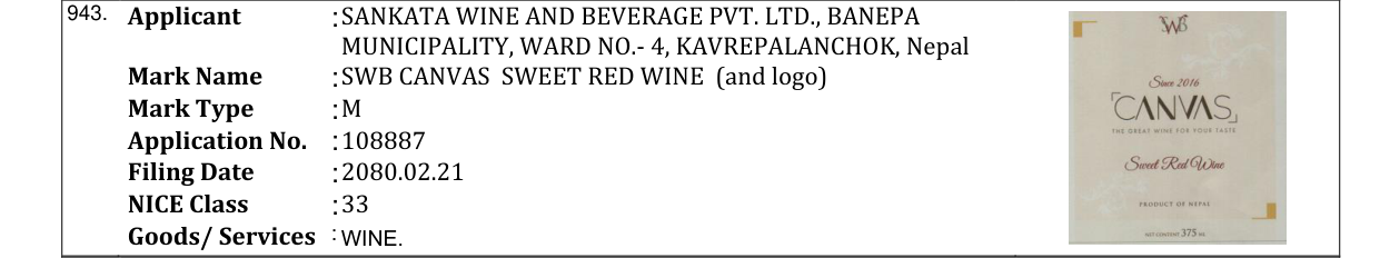 Original bulletin entry for SWB CANVAS SWEET RED WINE (and logo)