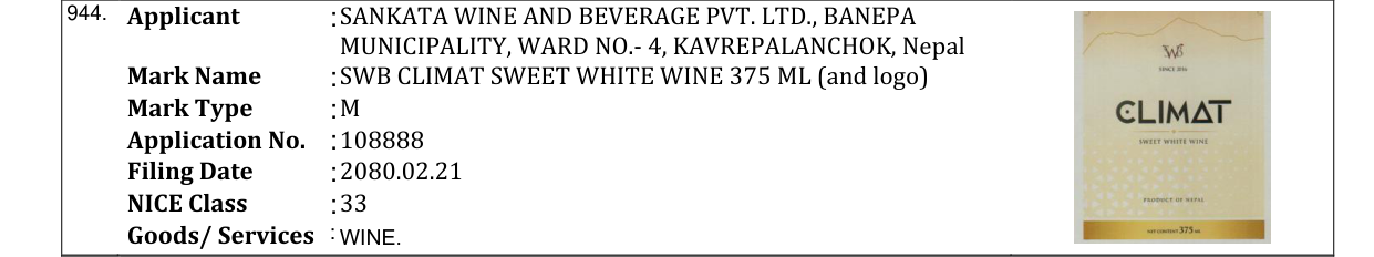 Original bulletin entry for SWB CLIMAT SWEET WHITE WINE 375 ML (and logo)