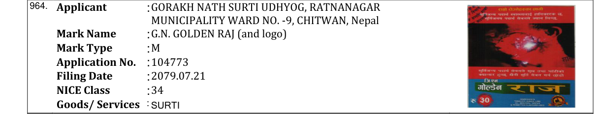 Original bulletin entry for G.N. GOLDEN RAJ (and logo)