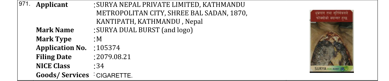 Original bulletin entry for SURYA DUAL BURST (and logo)