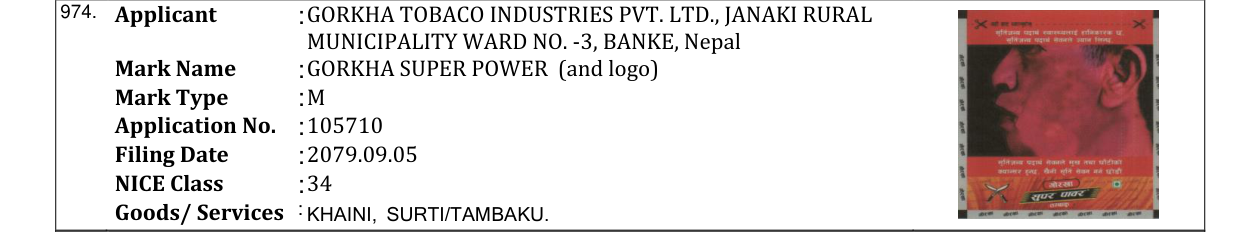 Original bulletin entry for GORKHA SUPER POWER (and logo)