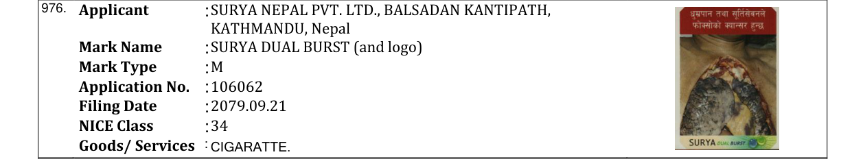 Original bulletin entry for SURYA DUAL BURST (and logo)