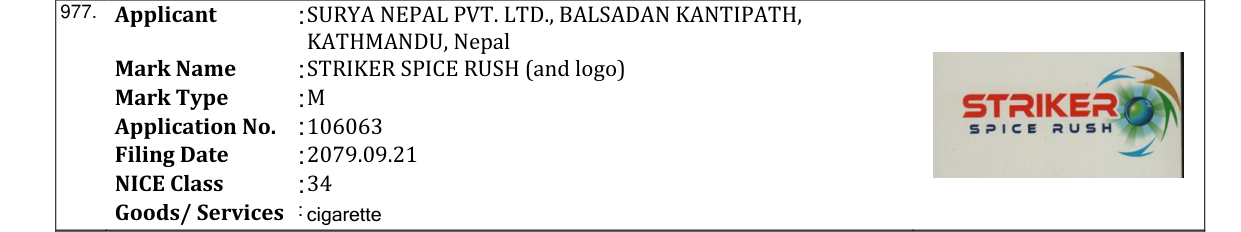 Original bulletin entry for STRIKER SPICE RUSH (and logo)