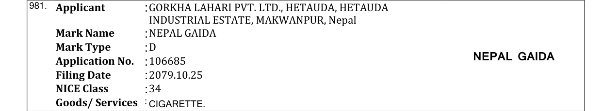 Original bulletin entry for NEPAL GAIDA