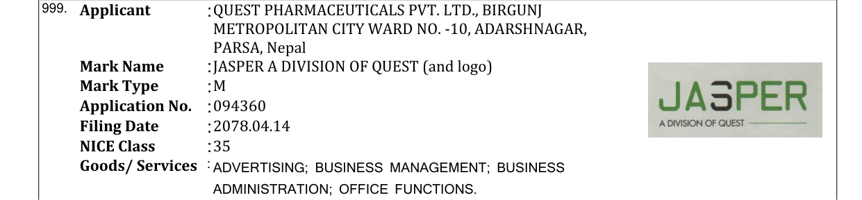 Original bulletin entry for JASPER A DIVISION OF QUEST (and logo)