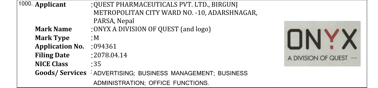 Original bulletin entry for ONYX A DIVISION OF QUEST (and logo)