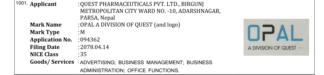 Original bulletin entry for OPAL A DIVISION OF QUEST (and logo)