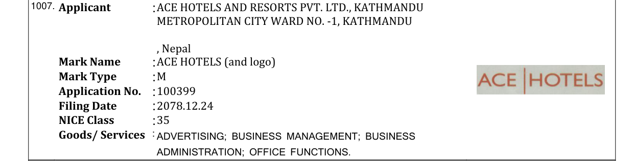 Original bulletin entry for ACE HOTELS (and logo)