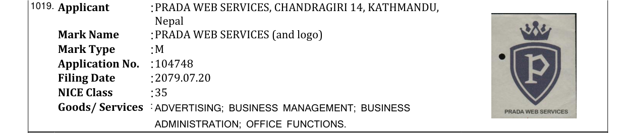 Original bulletin entry for PRADA WEB SERVICES (and logo)