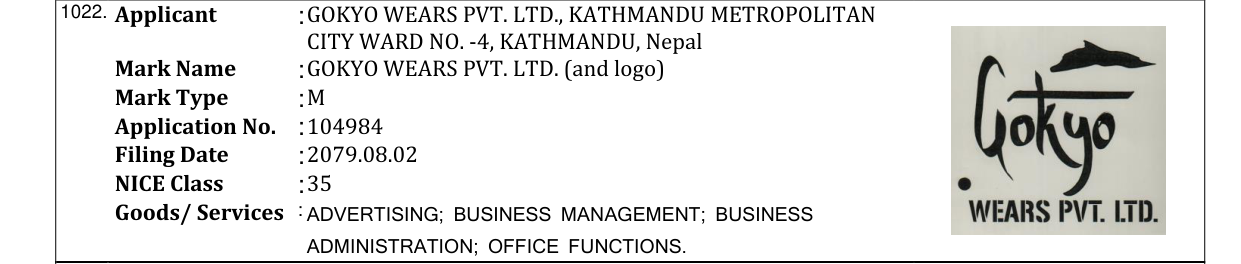 Original bulletin entry for GOKYO WEARS PVT. LTD. (and logo)