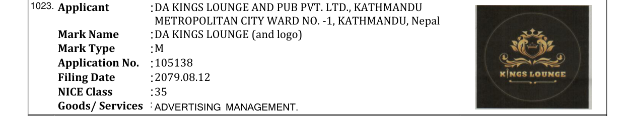 Original bulletin entry for DA KINGS LOUNGE (and logo)