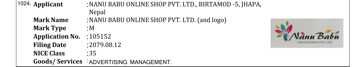 Original bulletin entry for NANU BABU ONLINE SHOP PVT. LTD. (and logo)