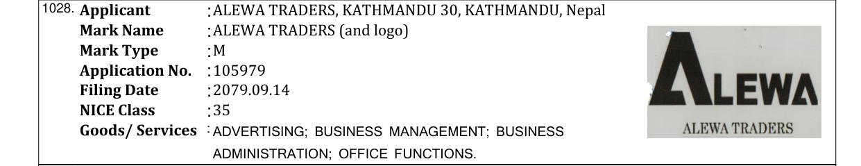 Original bulletin entry for ALEWA TRADERS (and logo)