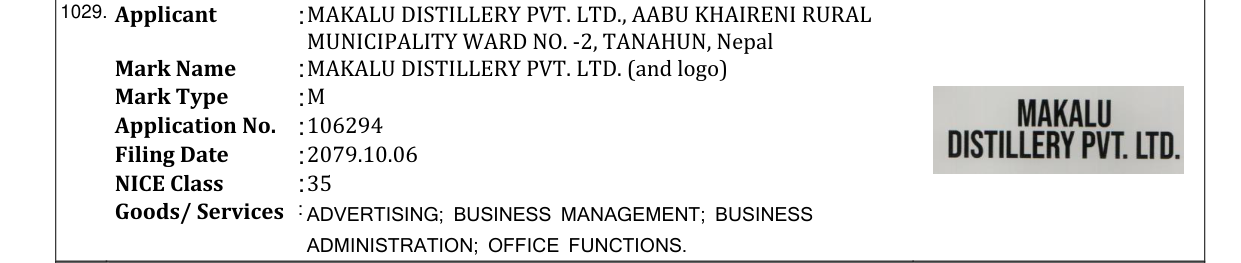 Original bulletin entry for MAKALU DISTILLERY PVT. LTD. (and logo)