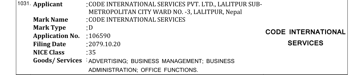 Original bulletin entry for CODE INTERNATIONAL