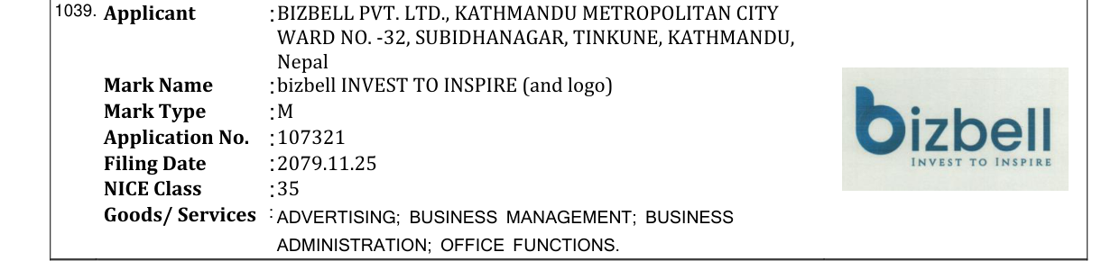 Original bulletin entry for bizbell INVEST TO INSPIRE (and logo)
