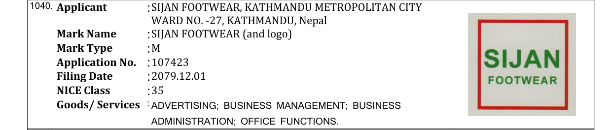 Original bulletin entry for SIJAN FOOTWEAR (and logo)