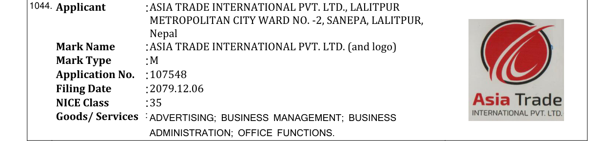 Original bulletin entry for ASIA TRADE INTERNATIONAL PVT. LTD. (and logo)