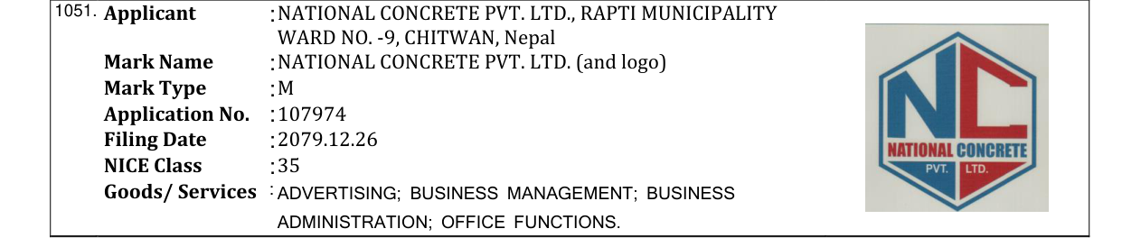 Original bulletin entry for NATIONAL CONCRETE PVT. LTD. (and logo)